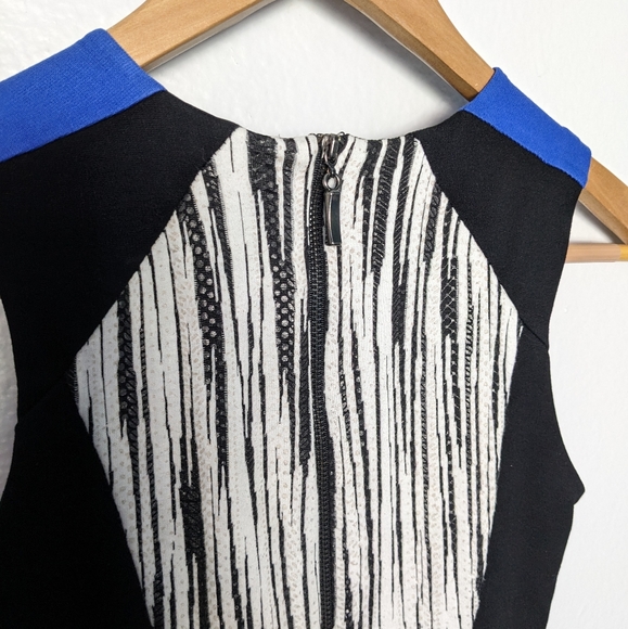 bebe Bodycon dress Black/white vertical print with Blue color block SZ 00 - Picture 3 of 4
